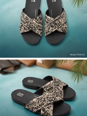FitFlop Black & Cream Woven Cross-Strap Slides